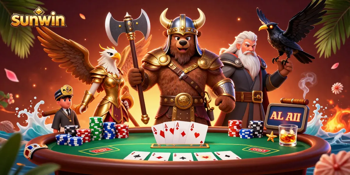 Engage with sunwin's vibrant poker scene featuring a Viking bear and Valkyrie eagle.