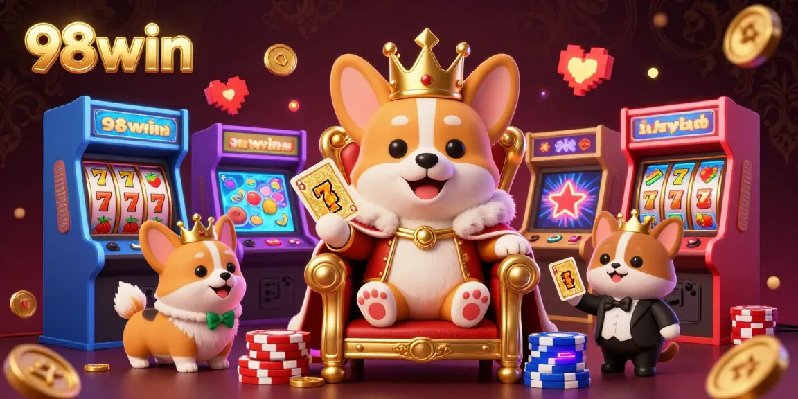 Experience the exciting world of 98win with a royal corgi on a poker chip throne, surrounded by vibrant gaming elements.