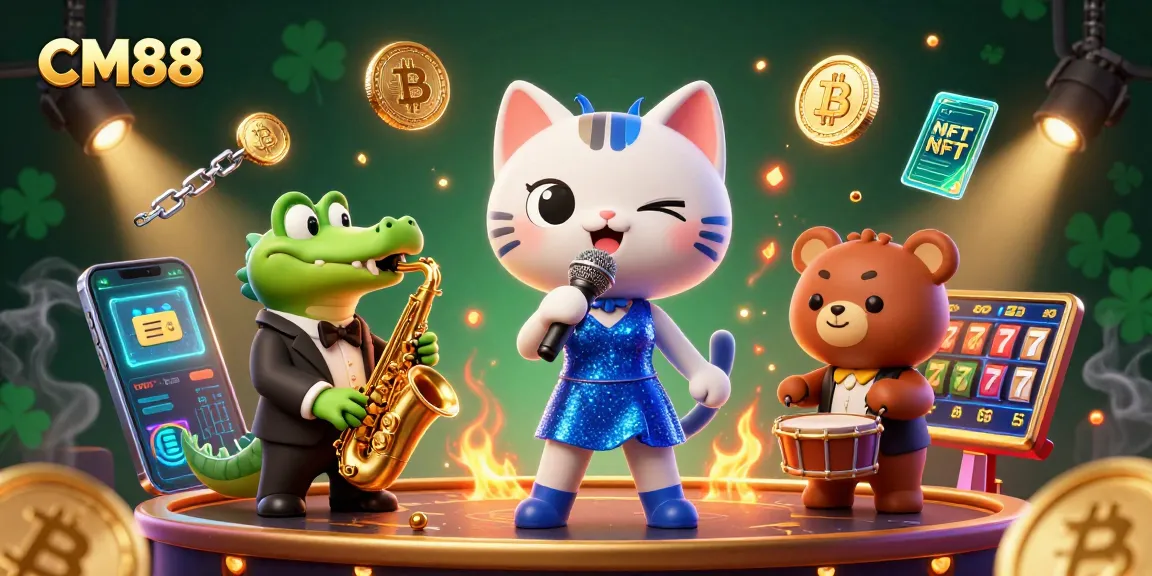 Play exciting games at CM88 with a vibrant casino scene featuring playful characters and crypto elements.