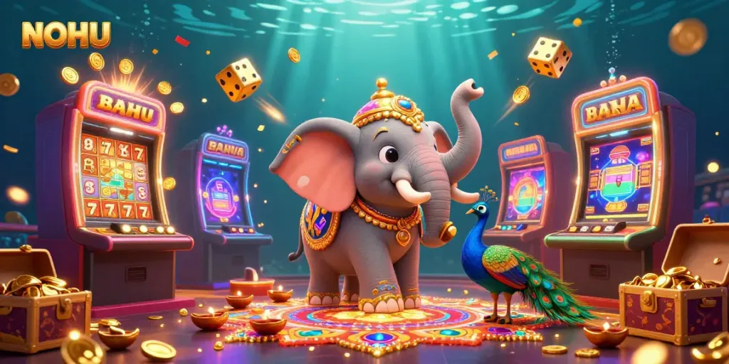 Engage in the vibrant casino experience with NOHU featuring elephants and peacocks amidst jackpot explosions and casino games.