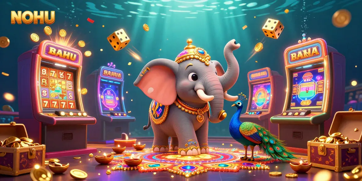Engage in the vibrant casino experience with NOHU featuring elephants and peacocks amidst jackpot explosions and casino games.