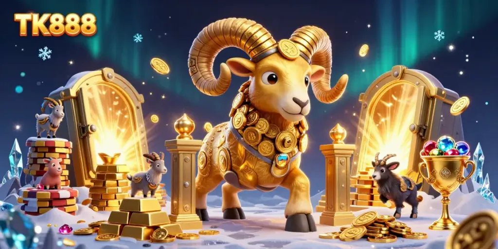 Experience thrilling gameplay at TK888 with a dynamic casino scene featuring gold ram, treasures, and excitement.