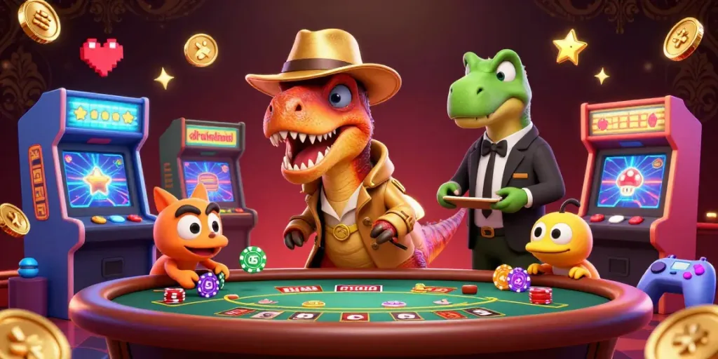 Experience high-energy action at fv88's casino with cartoon velociraptor card character and sparkles.