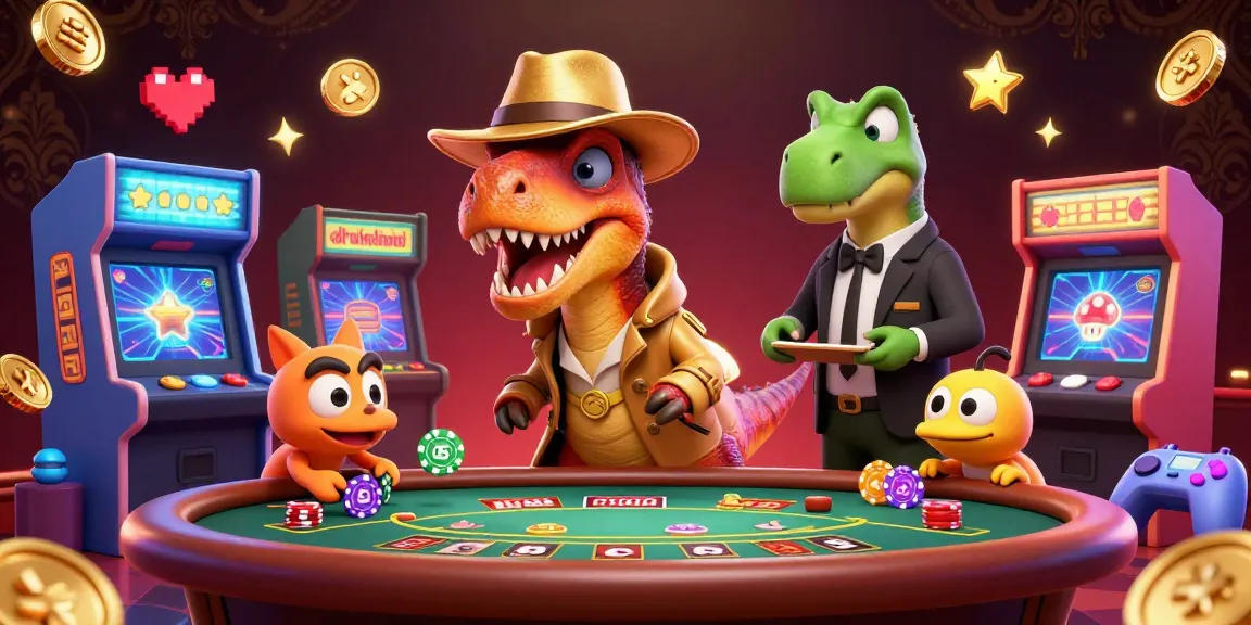 Experience high-energy action at fv88's casino with cartoon velociraptor card character and sparkles.
