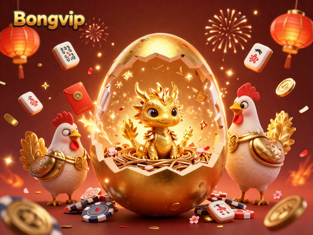 Bongvip engages players with a sparkling illustration of a gold dragon and poker chips, showcasing vibrant casino elements.