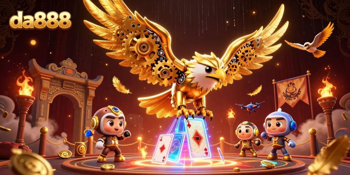 Experience excitement at da888 with a cybernetic eagle and holographic cards in a dynamic scene.