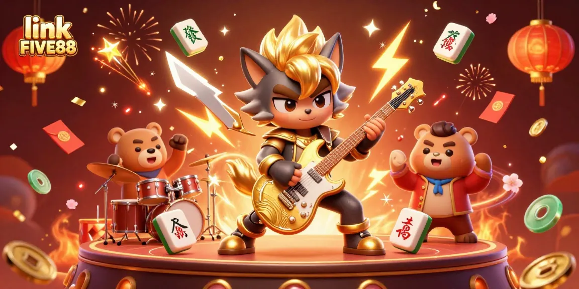 Engage with link FIVE88 in a vibrant casino illustration featuring a rock star wolf character and festive elements.