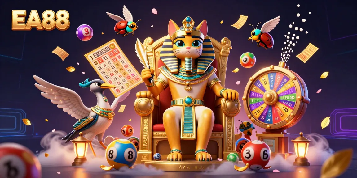Engage with EA88's dynamic world of lottery excitement featuring colorful lottery balls and a regal pharaoh.
