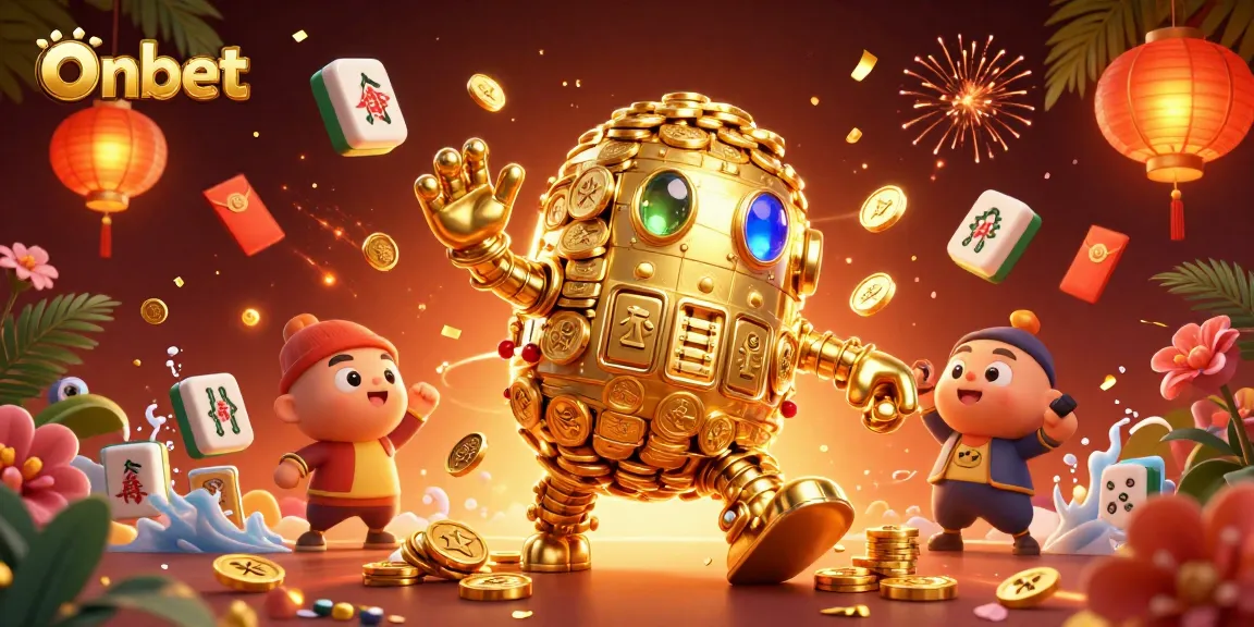 Experience thrilling wins with Onbet's vibrant casino adventure featuring gold golems and game symbols.