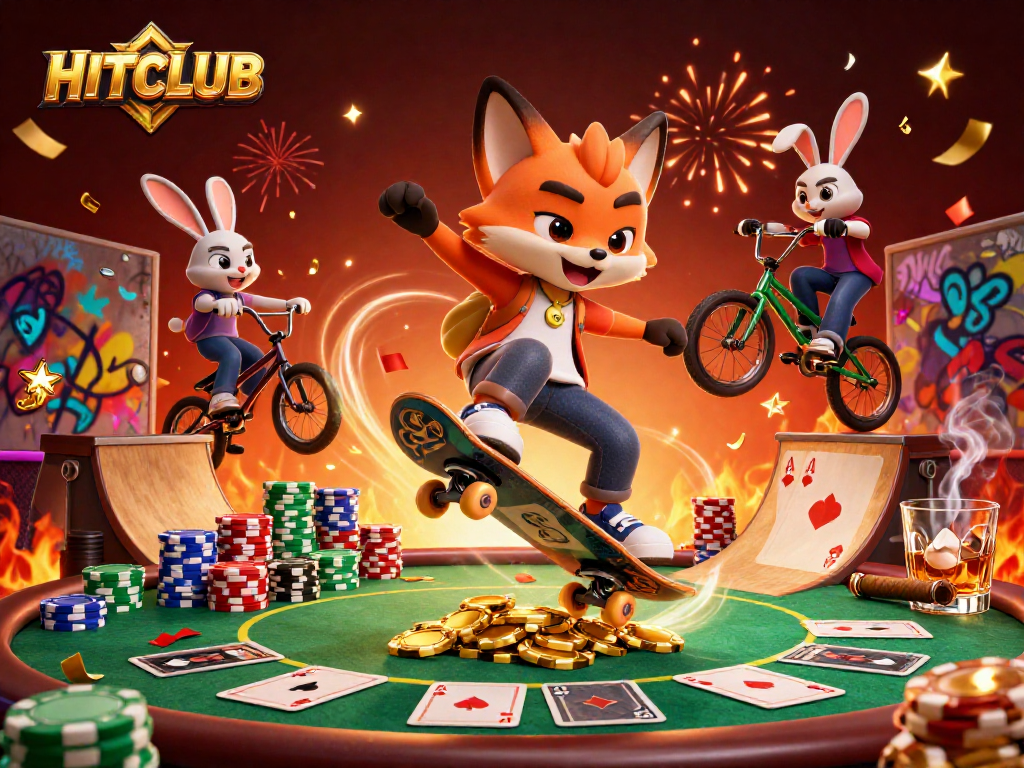 Experience HITCLUB gameplay with a vibrant scene of a fox and rabbit in action.