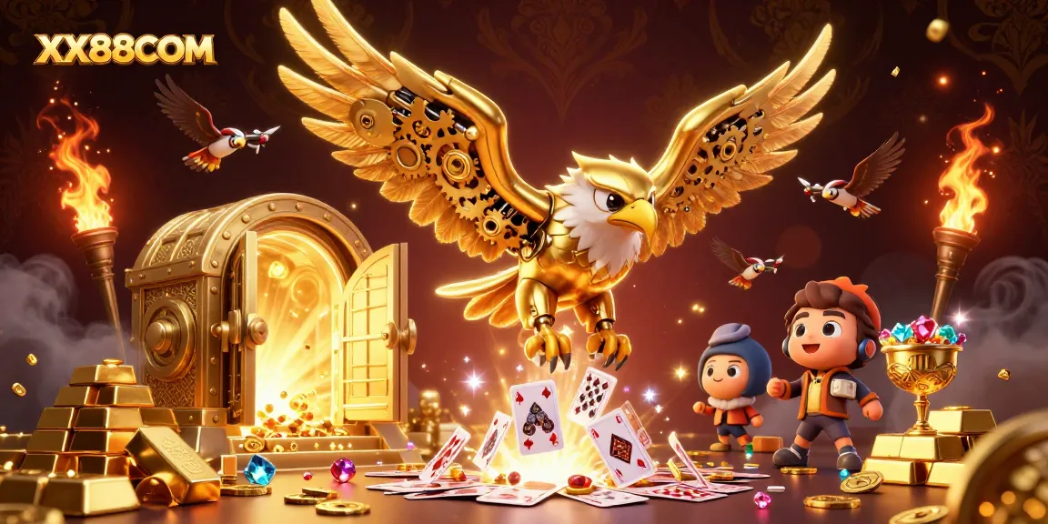 Experience the thrills of gaming with XX88COM as the golden eagle dives through a cascade of holographic cards.