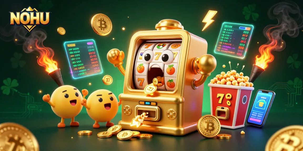 Experience NOHU's thrilling gaming world as a golden slot machine celebrates its jackpot.