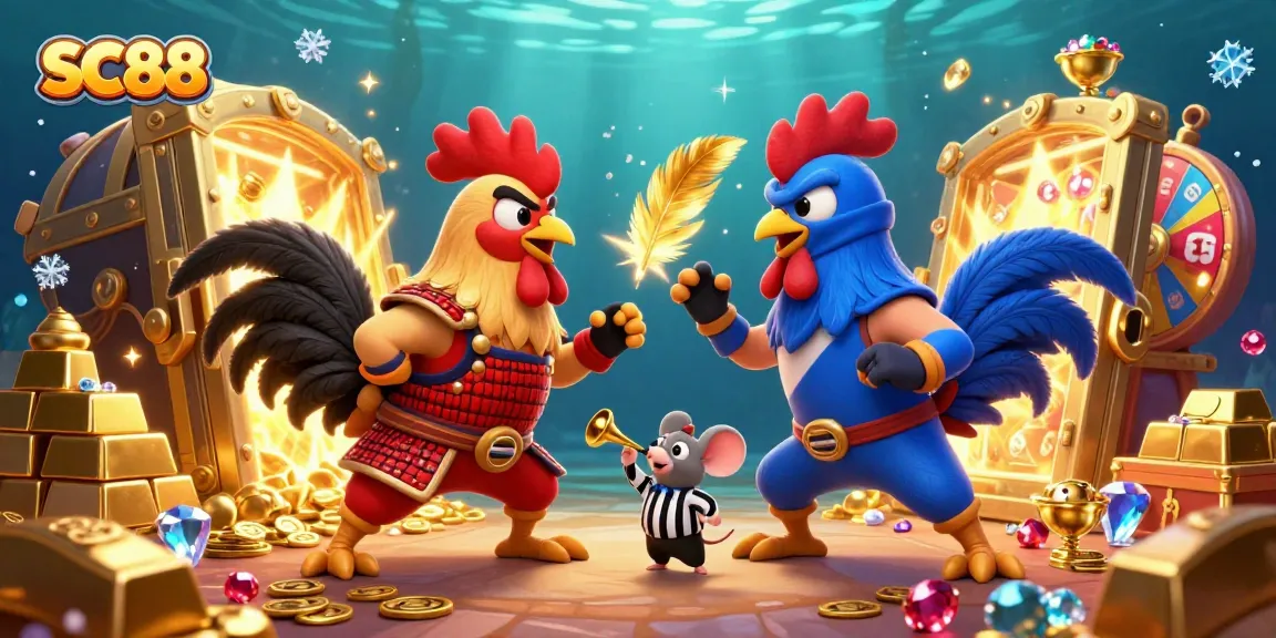 SC88 showcases an exciting 3D standoff of roosters in a vibrant casino scene with treasures and lottery elements.