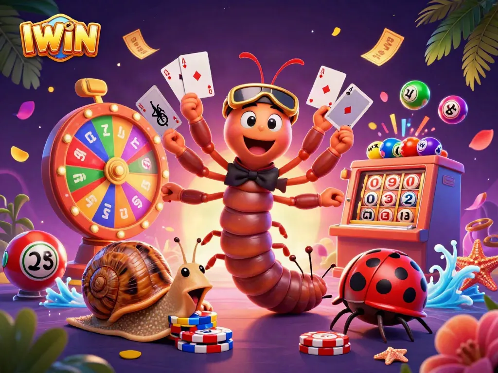 Experience IWIN excitement with a colorful scene featuring a millipede dealer and vibrant gambling elements.
