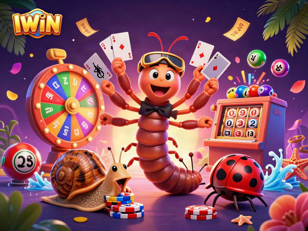 Experience IWIN excitement with a colorful scene featuring a millipede dealer and vibrant gambling elements.