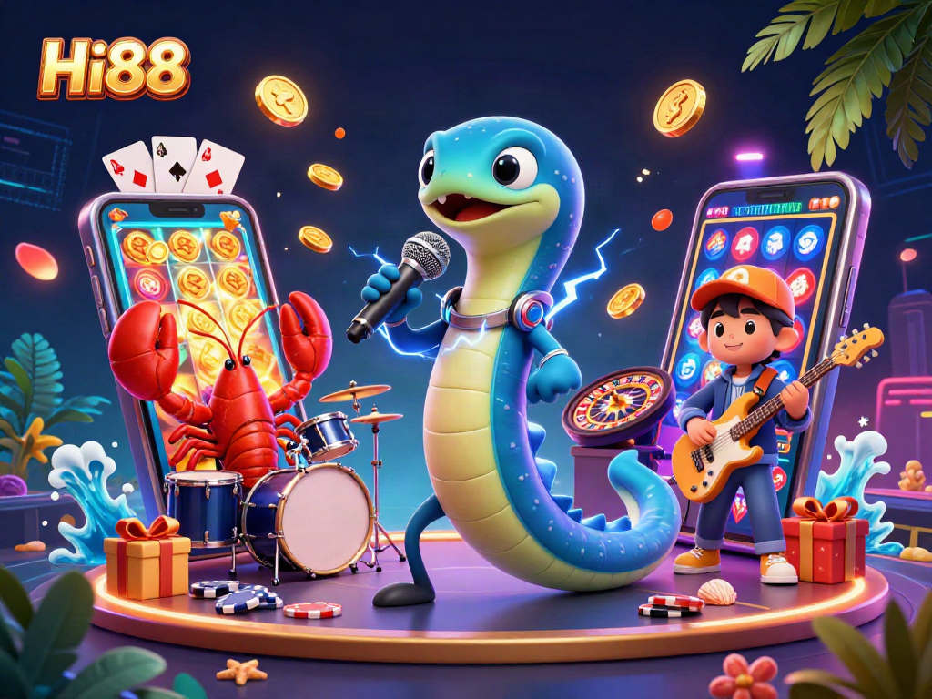 Engage with Hi88's vibrant underwater casino performance featuring a DJ eel, drummer lobster, and guitarist seahorse.