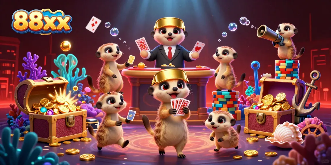 Engage in the vibrant world of 88xx casino operations featuring meerkats managing games, treasure, and bubbly fun.