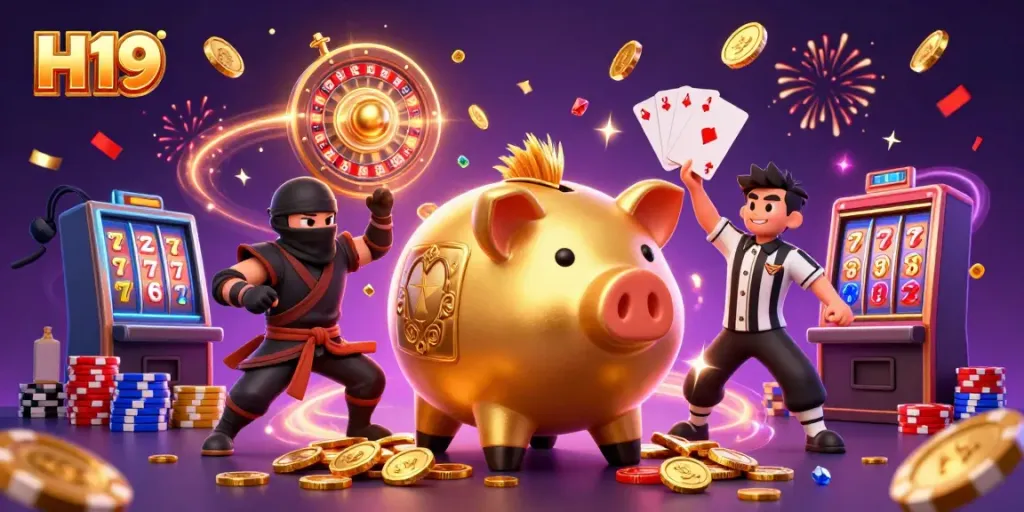 Experience the excitement of H19 in a dynamic casino showdown with golden coins and vibrant characters.