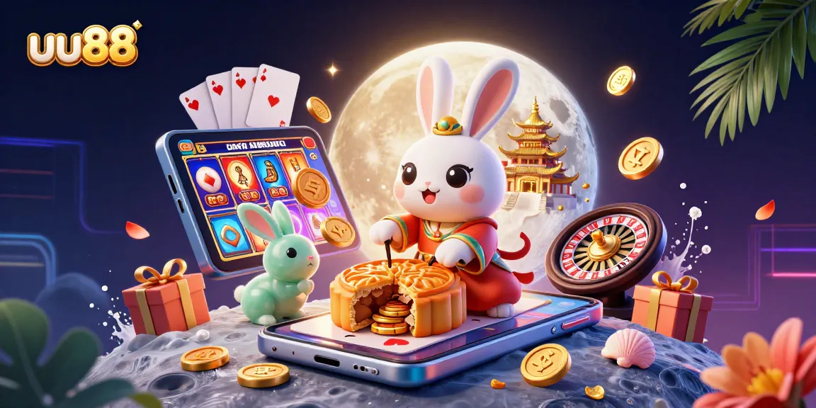 uu88 features captivating gaming moments with a mystical moon rabbit revealing poker chips and vibrant slots.