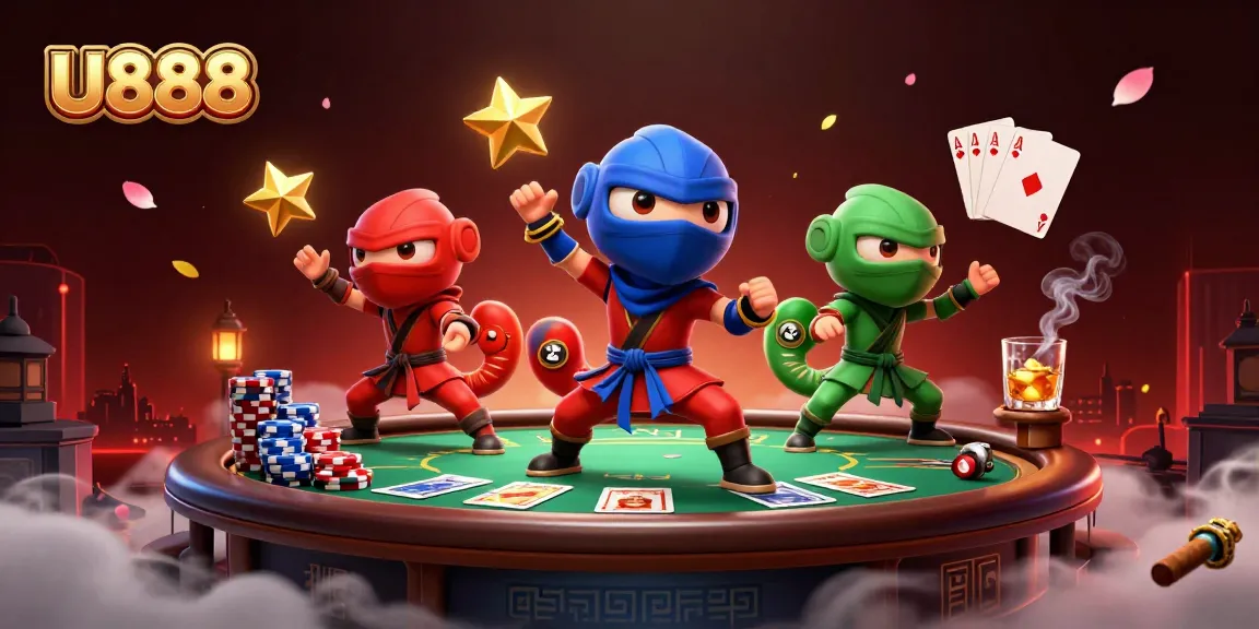 U888 showcases a 3D ninja chameleon team in martial arts poses amidst a vibrant casino backdrop.