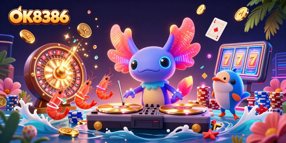 Dance with the axolotl DJ and shrimp crew at OK8386 casino, amidst vibrant 3D casino illustrations.