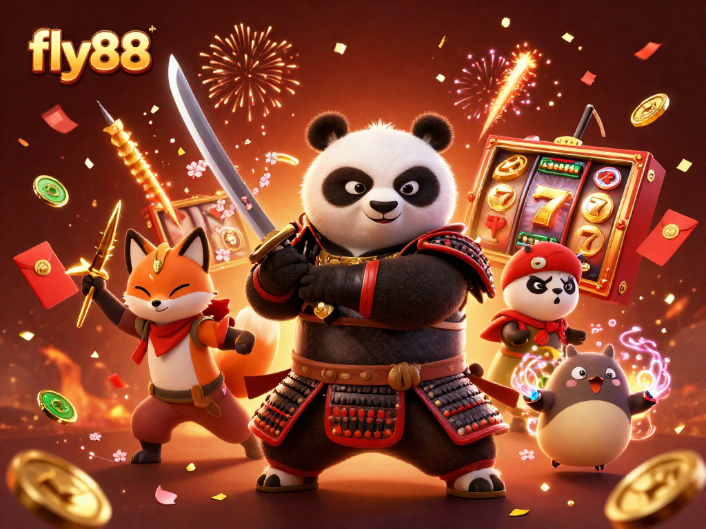 Experience thrilling gameplay with fly88, featuring vibrant samurai panda and ninja fox in an exciting casino setting.