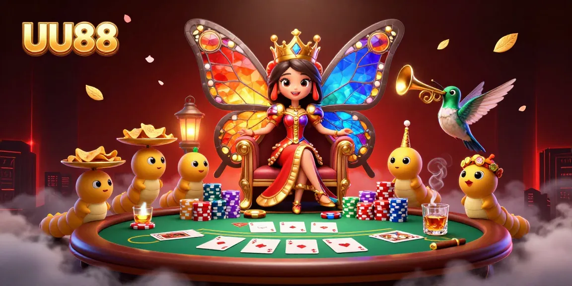 Join the excitement of UU88 with a vibrant casino scene featuring poker and colorful characters.