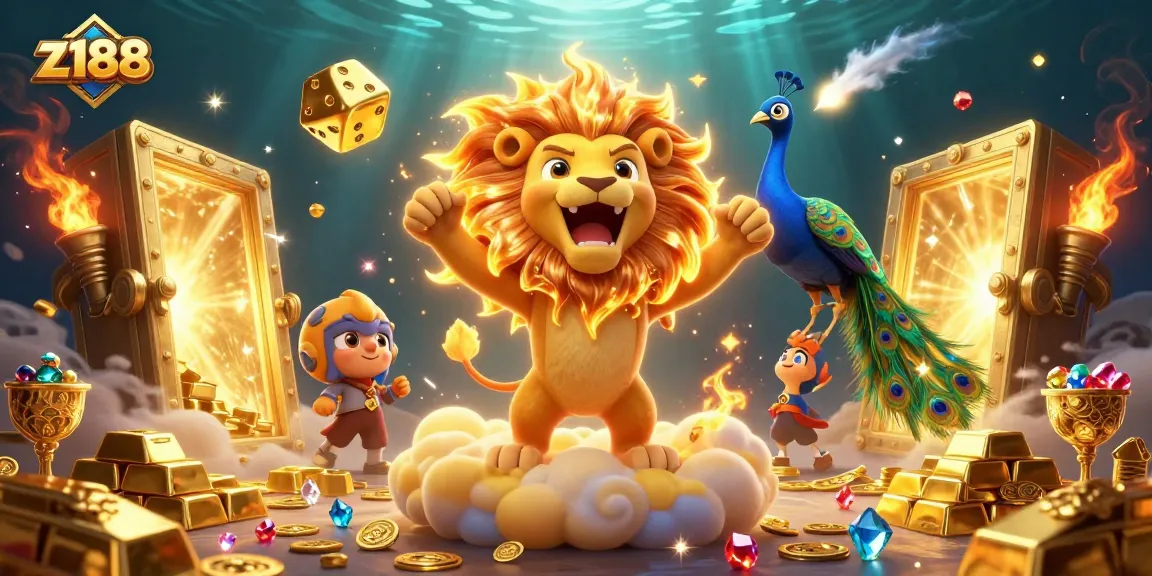 Experience thrilling gaming action with z188 in a vibrant 3D casino scene full of treasures and excitement.