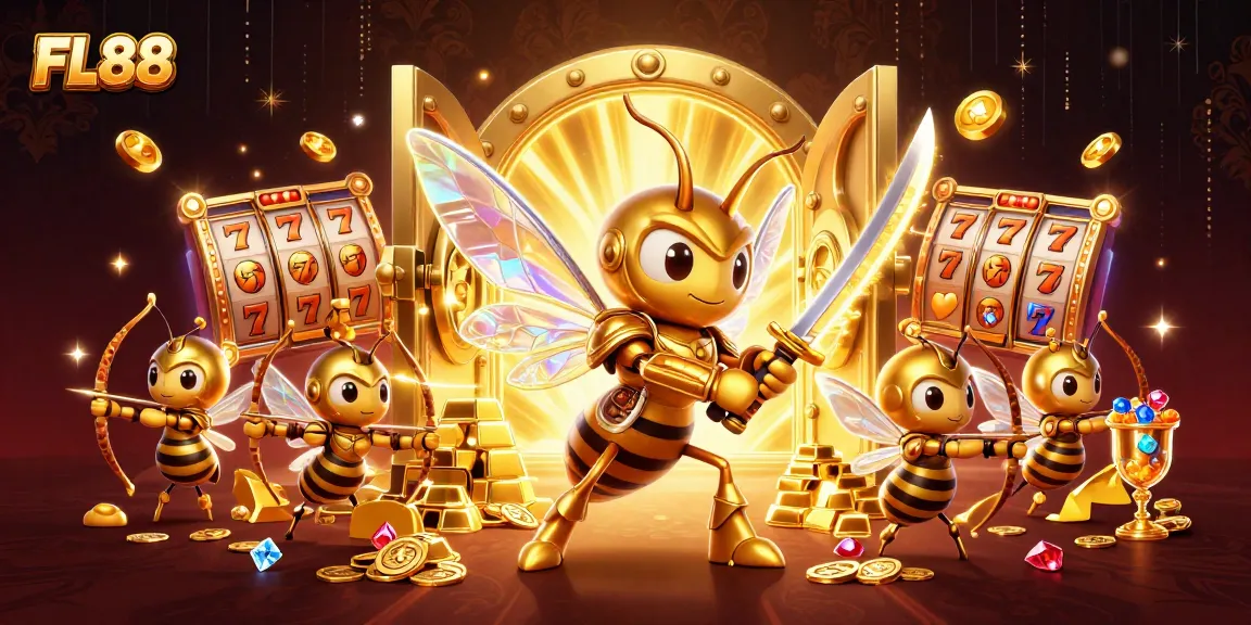 Experience the excitement of FL88 with a vibrant 3D illustration showcasing a golden samurai hornet and gaming elements