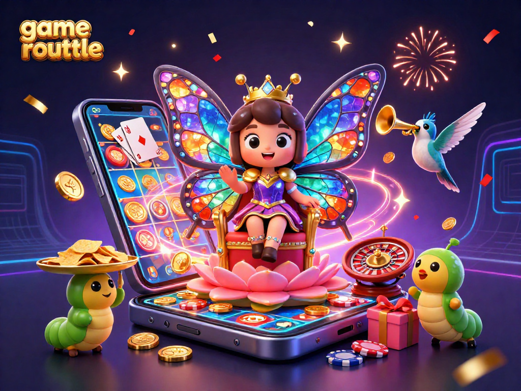 Engage with game roulette in a vibrant casino scene featuring a butterfly queen and animated game elements.
