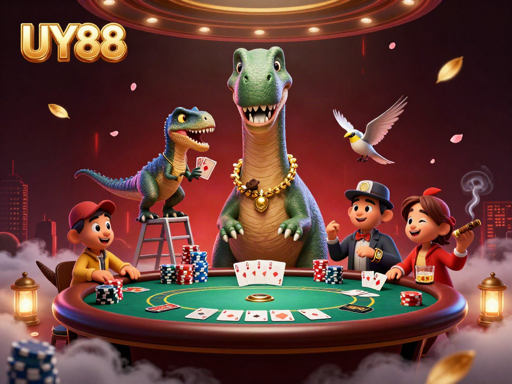 Engage with UY88: A vibrant 3D casino scene featuring lively casino characters and rich game elements
