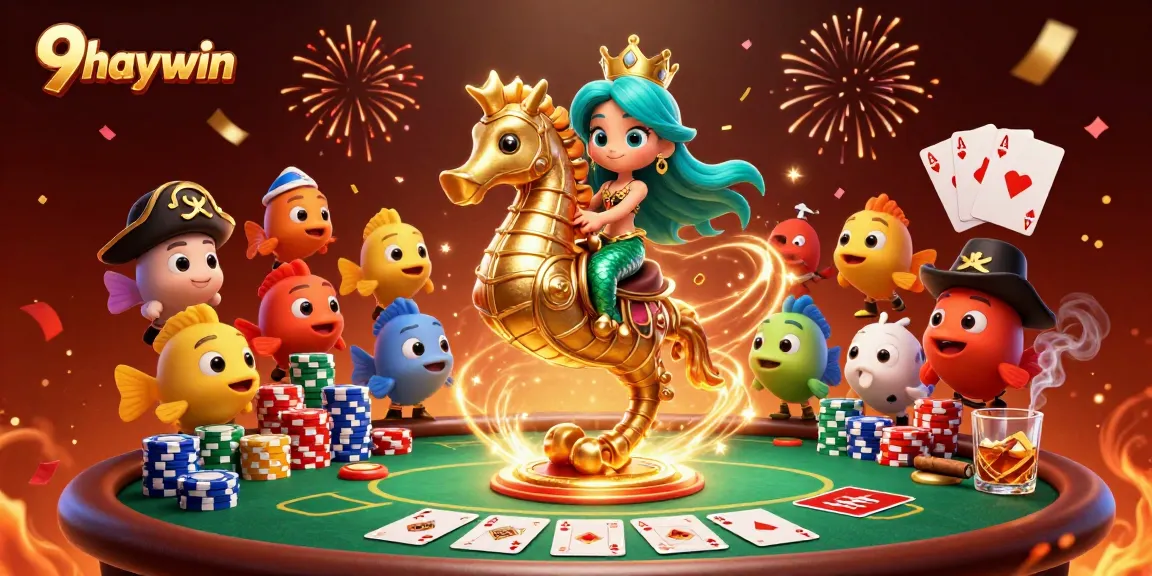 Experience thrilling underwater adventures with 9haywin, featuring a playful mermaid and poker elements.