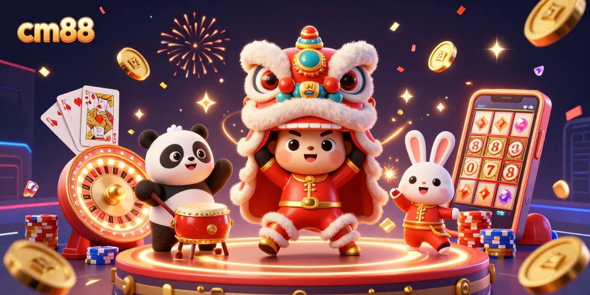 Watch cm88 lion dance characters celebrate with casino elements, cascading coins, and 3D game features.