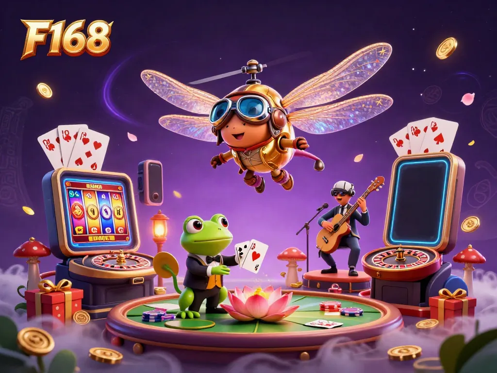 Experience thrilling gaming action with F168 as a dragonfly pilot hovers above a lively lily pad casino.