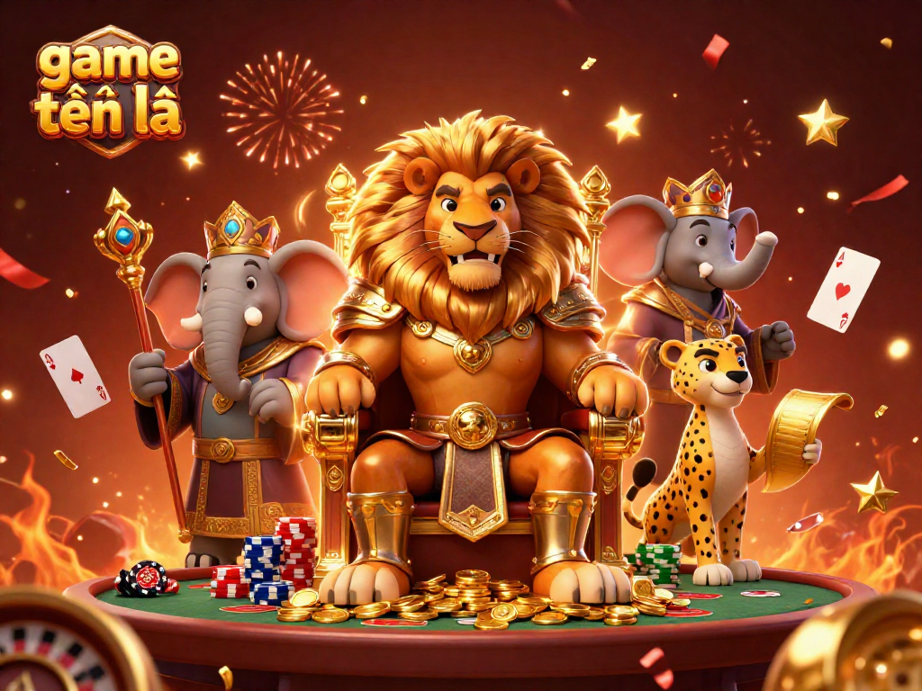 Engage in the game bài tiến lên with a fierce lion king and festive casino elements in a vibrant 3D scene.