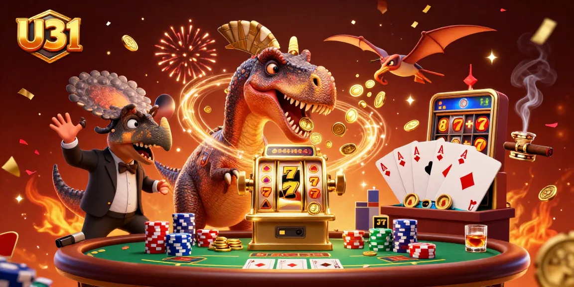 U31 dinosaurs interact at a casino, with a pachycephalosaurus hitting a slot machine amid golden coins and casino scenes.