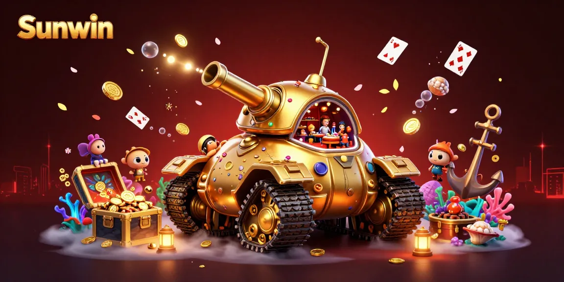 Experience Sunwin with a dynamic 3D scene featuring a golden beetle tank casino amidst underwater treasures and gaming elements.
