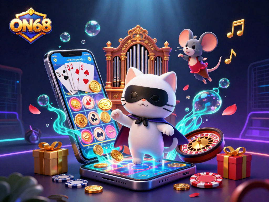 Experience thrilling gaming at ON68 with a phantom cat and mouse acrobat in a vibrant casino scene.