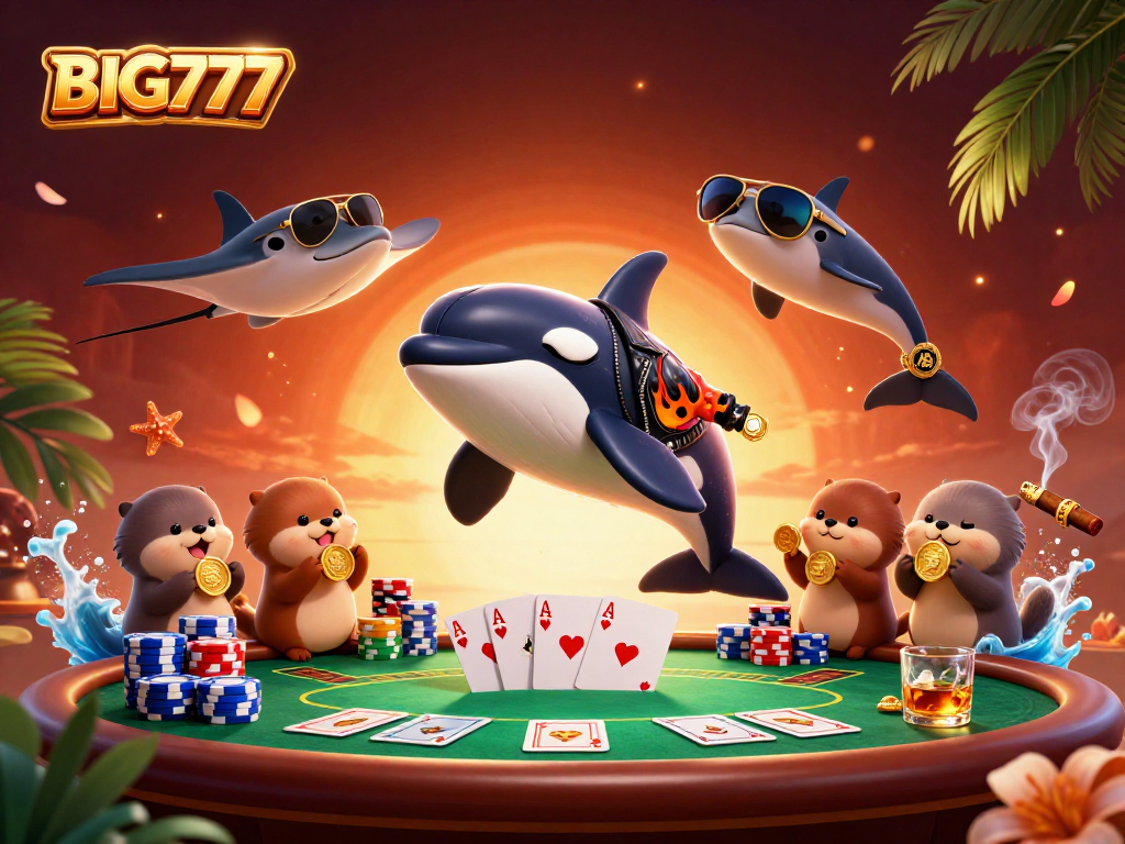 Experience the excitement of BIG777 with a playful orca, stingray, and otters in a vibrant casino scene.