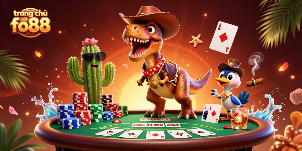 Experience gaming excitement on trang chủ fo88 with a vibrant 3D casino illustration featuring characters and poker game elements.