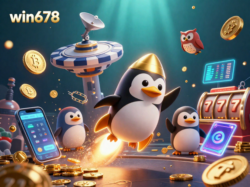 Engage in thrilling casino adventures with win678 as you explore vibrant games featuring a golden penguin and crypto coins.