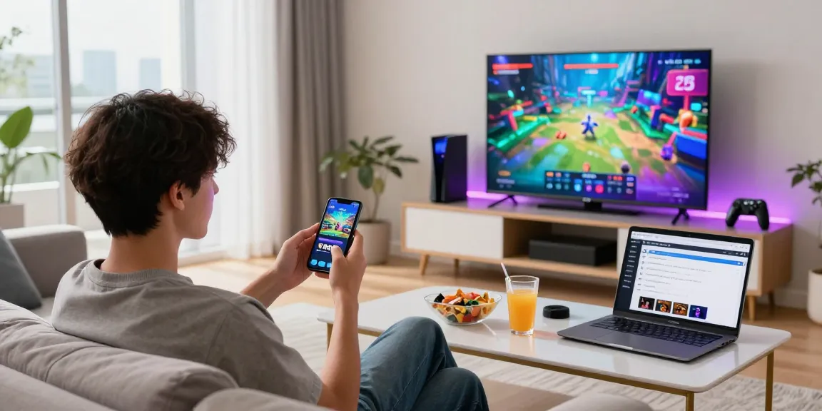 Engaged gamer exploring the slot7000 platform in a bright living room.
