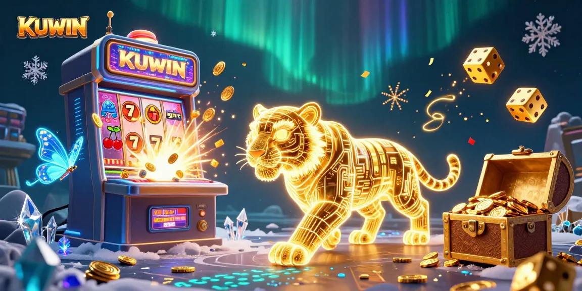 KUWIN showcases a vibrant casino scene with a golden light energy tiger and jackpot-winning elements.
