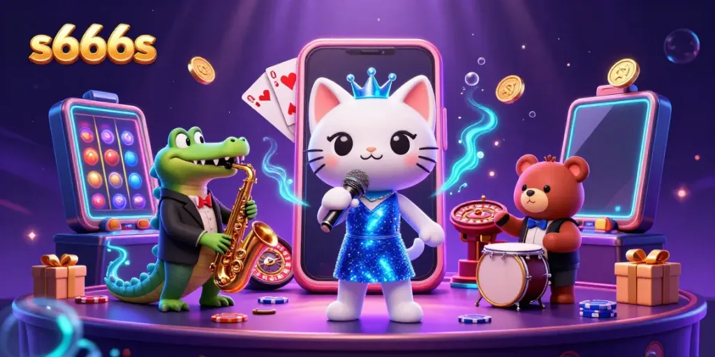 Catch the excitement of s666s with a vibrant casino scene featuring charming characters and games.