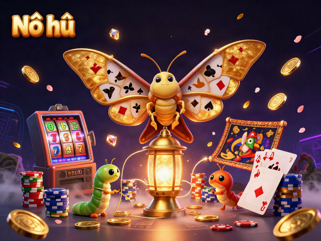 Engage in Nổ hũ with a vibrant 3D casino scene showcasing a moth and dynamic gaming elements.