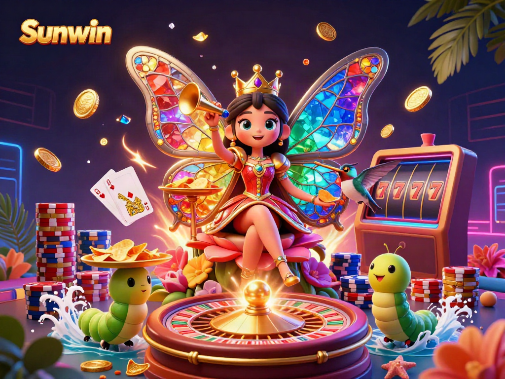 Experience thrilling play with Sunwin's vibrant casino scene featuring a majestic butterfly queen and gaming elements.