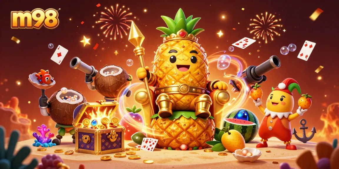 Experience the thrill of m98 as the golden pineapple king and his entourage celebrate in a vibrant casino scene.
