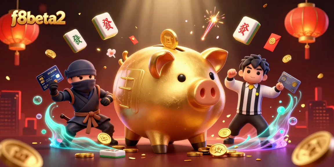 F8beta2 showcases a dynamic casino scene with a gigantic piggy bank, coins flying, and vibrant, lucky elements.