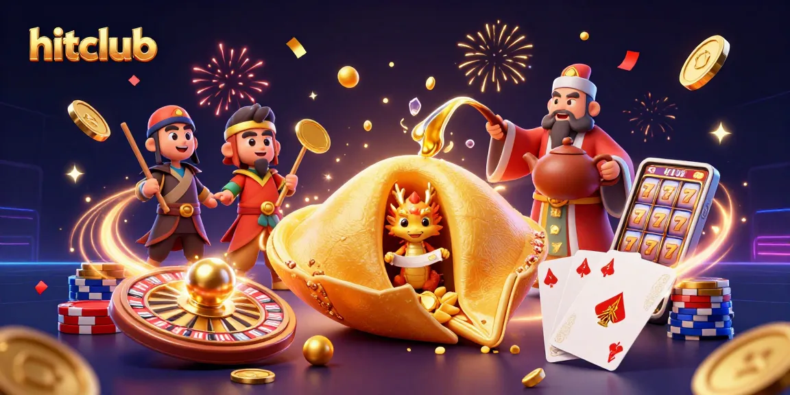Experience hitclub's thrilling casino atmosphere with a dynamic golden fortune cookie scene featuring vibrant games and characters.
