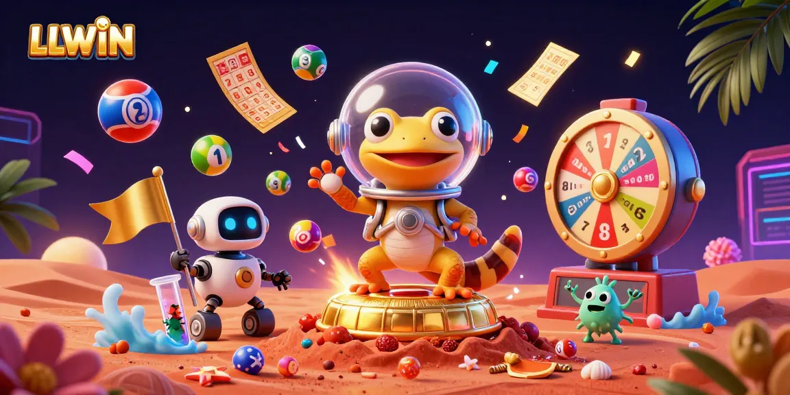 LLWIN showcases a vibrant 3D scene with a Martian gecko uncovering a hidden casino, surrounded by dynamic gambling elements.